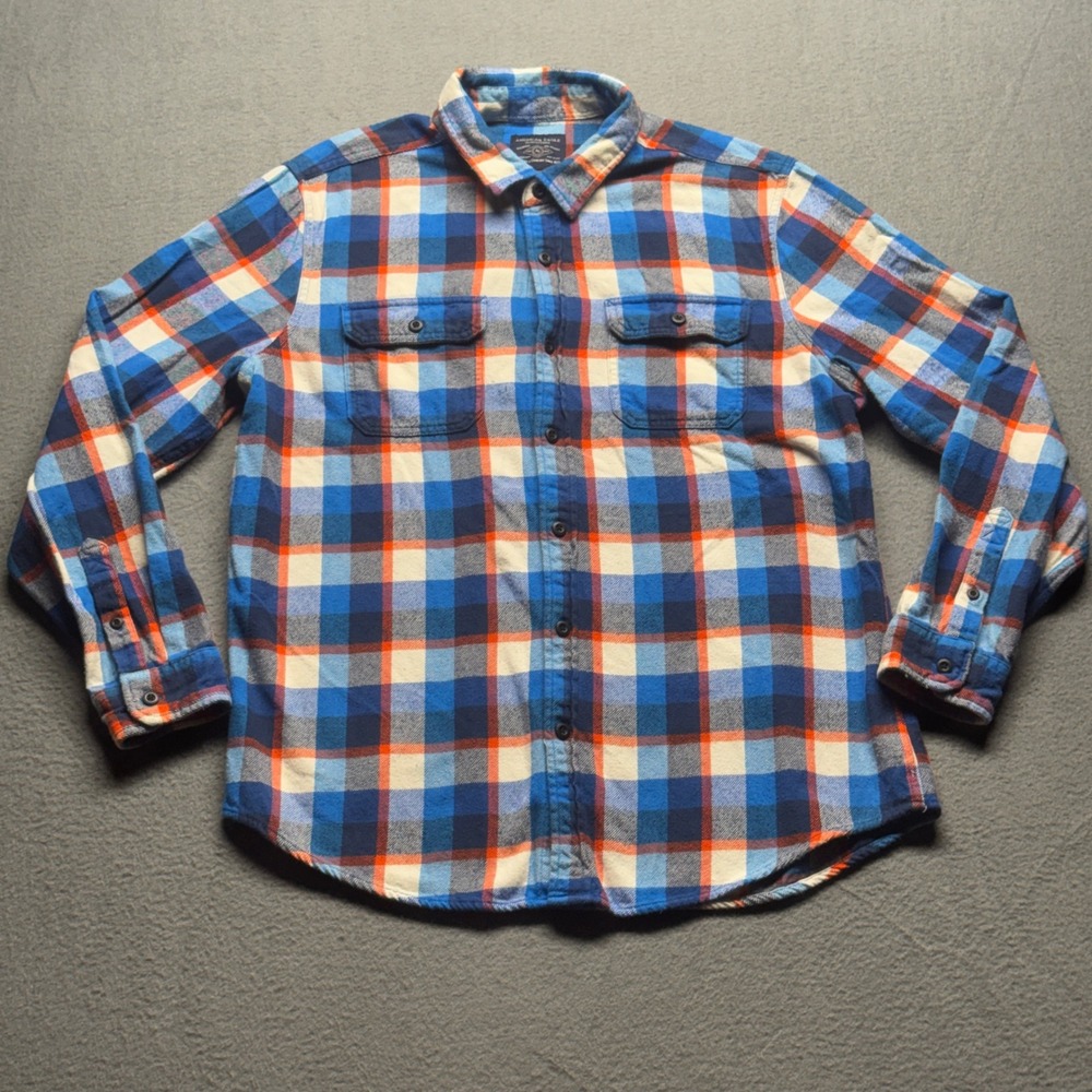 American Eagle Flannel Shirt Mens XL Blue Orange Plaid Cotton Button Down Pocket
